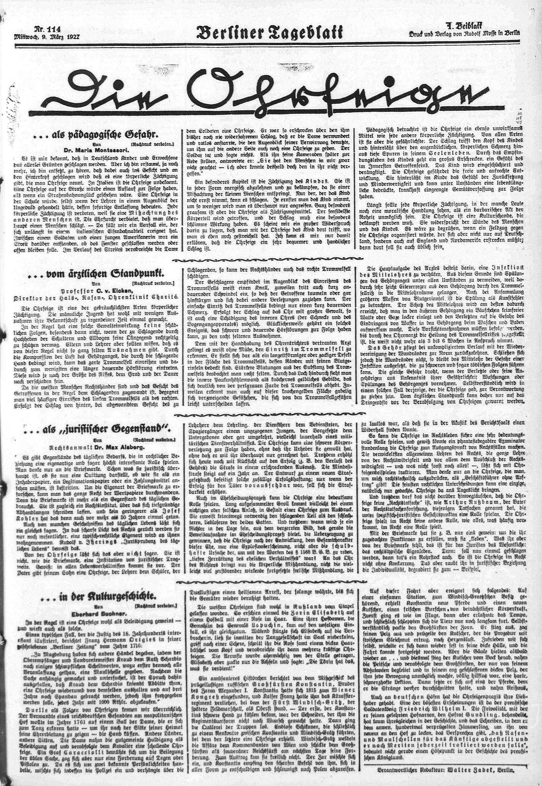 Berliner Tageblatt 1927 03 09  Mittwoch Morgen  Nr 114 Seite 5 Die Ohrfeige