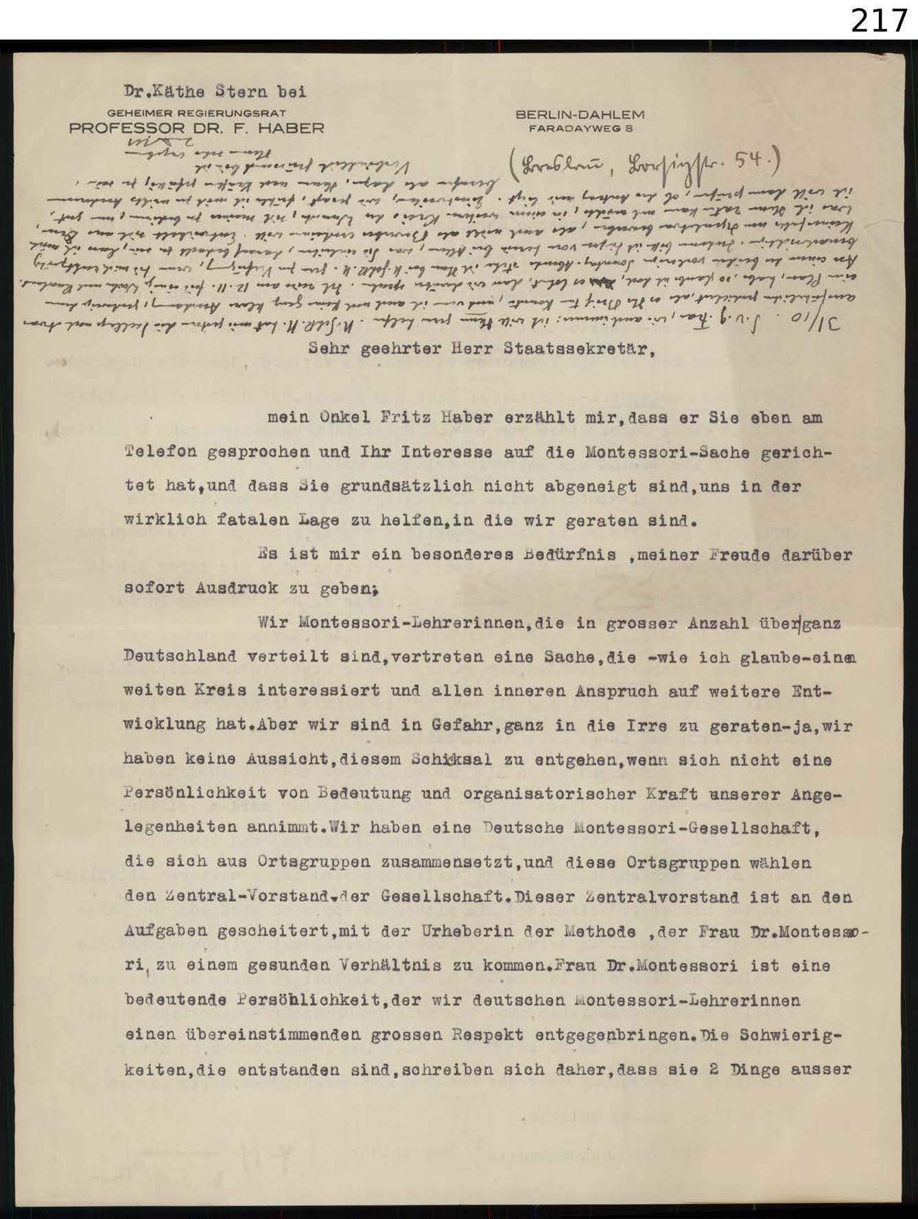 Käthe Stern an WvM Ende Okt. 1929